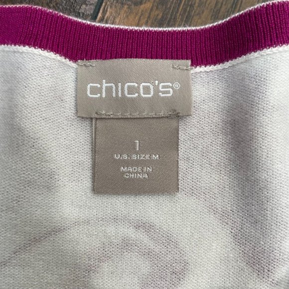 Chico's 1 Women's Medium Sweater Purple White Cream Paisley Bateau Neck Pullover - Picture 13 of 15